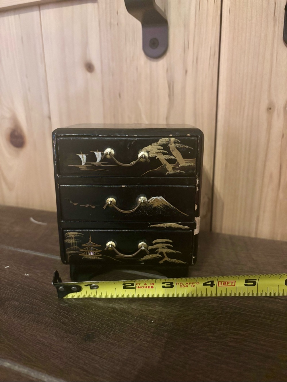 Asian Inspired Black and Gold Three-Drawer Decorative Jewelry/Mini Chest